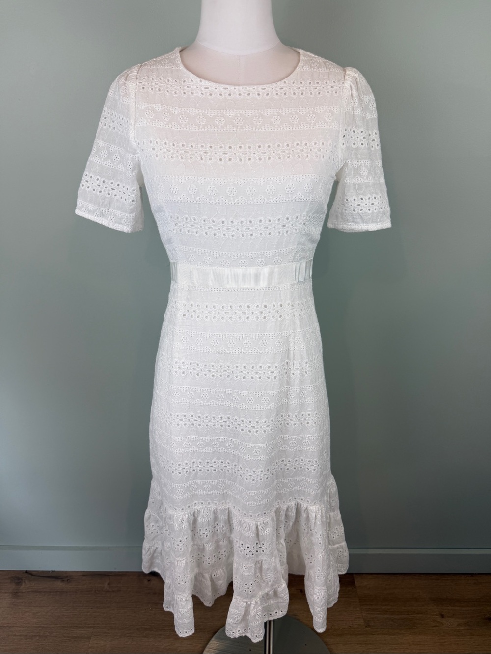 Hayden White Eyelet Midi Dress with Ruffle Hem Cottagecore size Small